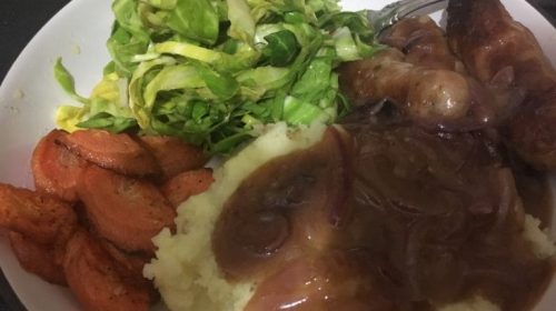 sausages with mash and red onion gravy