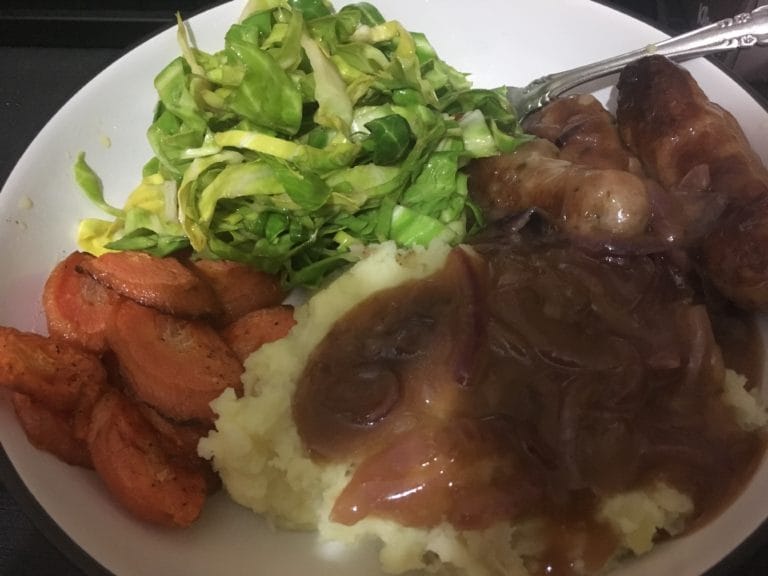 sausages with mash and red onion gravy